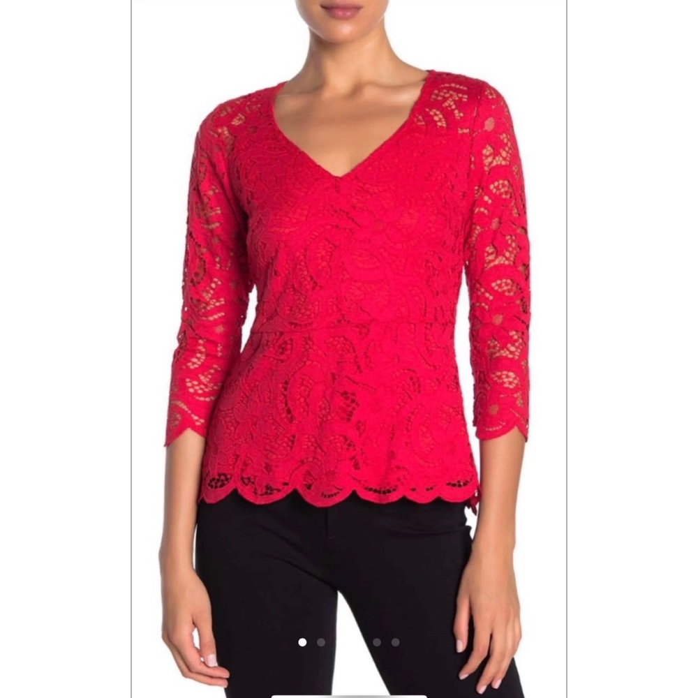 NANETTE LAPORE Cherry Red Lace V-Neck Blouse